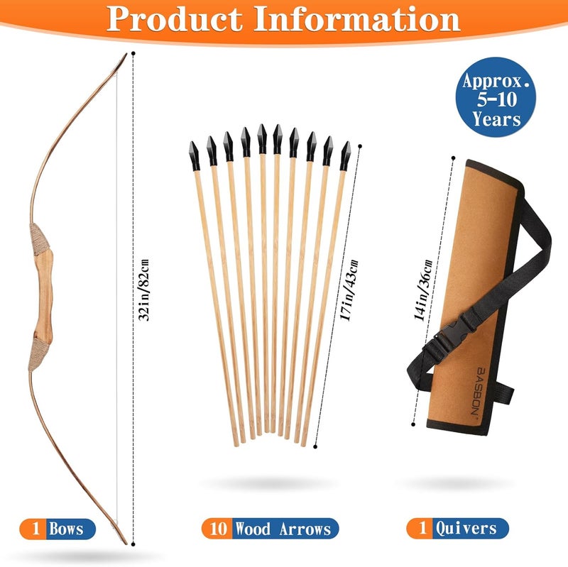 Basbon Kids Bow and Arrow Set, 32 Inch Archery Set Handmade Wooden Toy Bow and Arrow for Kids 6-8 8-12, 1 Bows 1 Quivers 10 Arrows 3 Targets & Storage Bag, Gifts for Youth Boys and Girls - Image 2